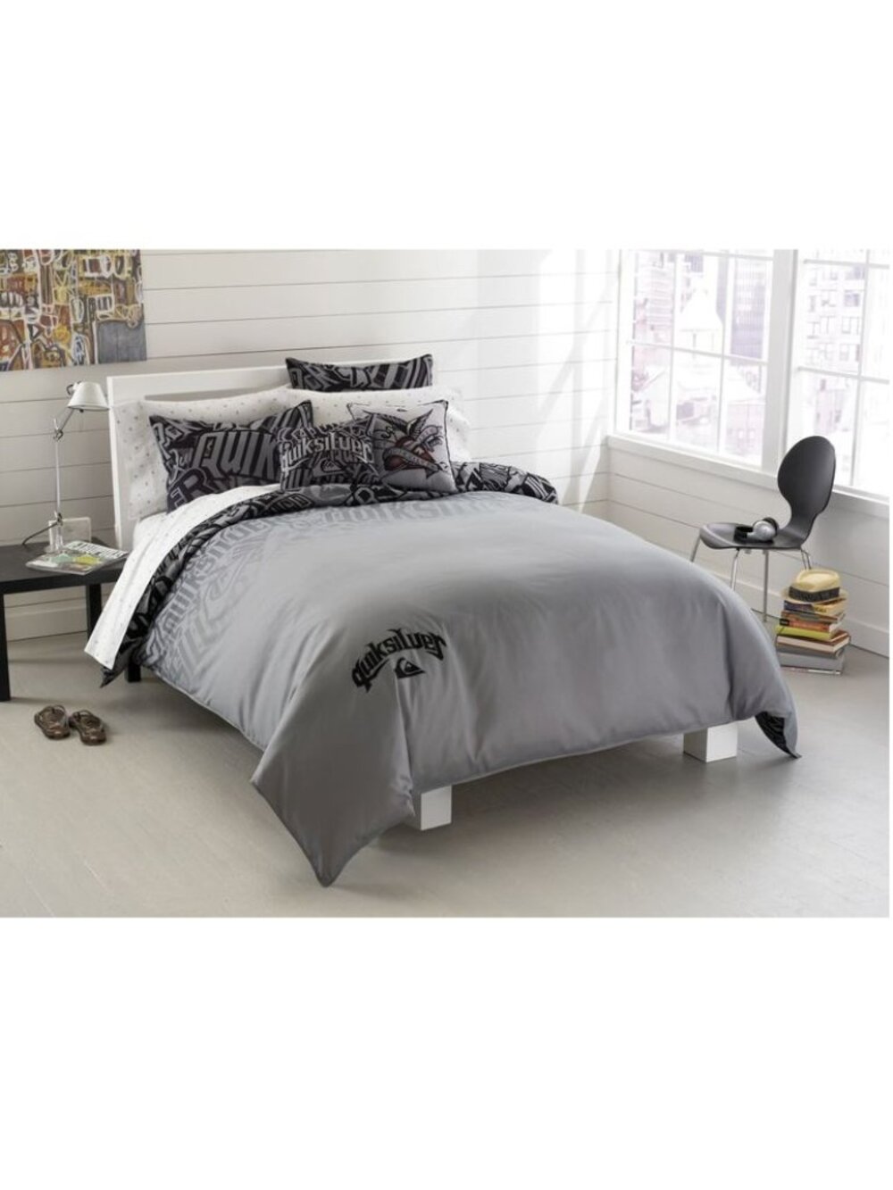 NEW~TWIN XL Comforter/Duvet Cover+Sham+sheet bed set~QuikSilver white gray 5pc